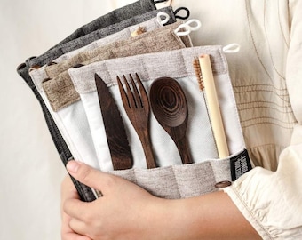 Zero Waste Wooden Cutlery Set • Handmade Alternative to Bamboo • Portable Travel Utensils, Reusable Straw & Pouch • Eco Friendly Vegan Gift