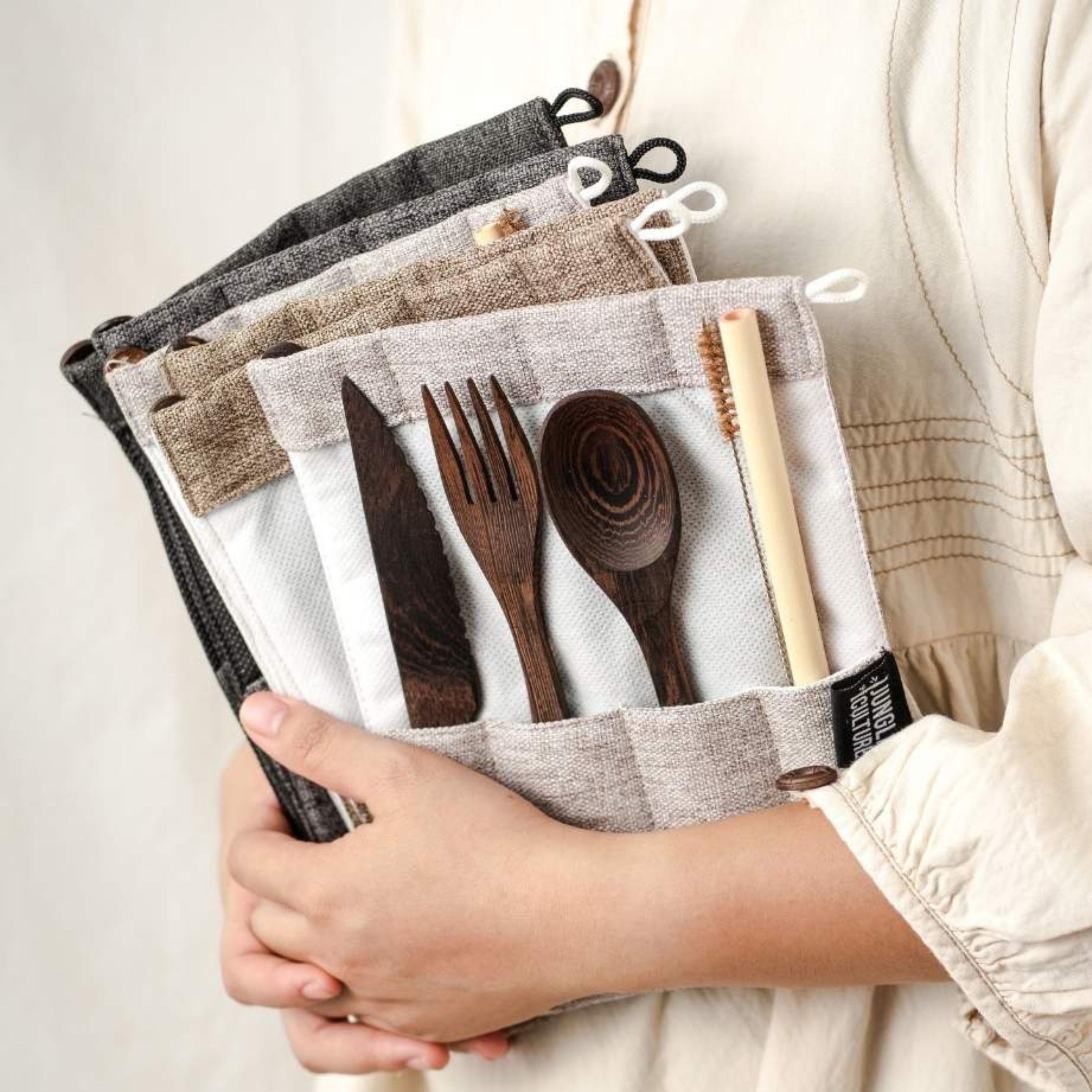 Zero Waste Wooden Cutlery Set • Handmade Alternative to Bamboo • Portable Travel Utensils, Reusable Straw & Pouch • Eco Friendly Vegan Gift