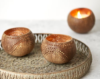 Coconut Shell Tealight Holder • Natural Tea Light Candle Holders • Coconut Bowls • Decorative Lantern • Eco Friendly Gifts • Set of 2