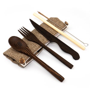 Reusable Travel Cutlery Set Bamboo Utensils Knife Fork Spoon Straw Picnic Lunch Flatware Jungle Culture