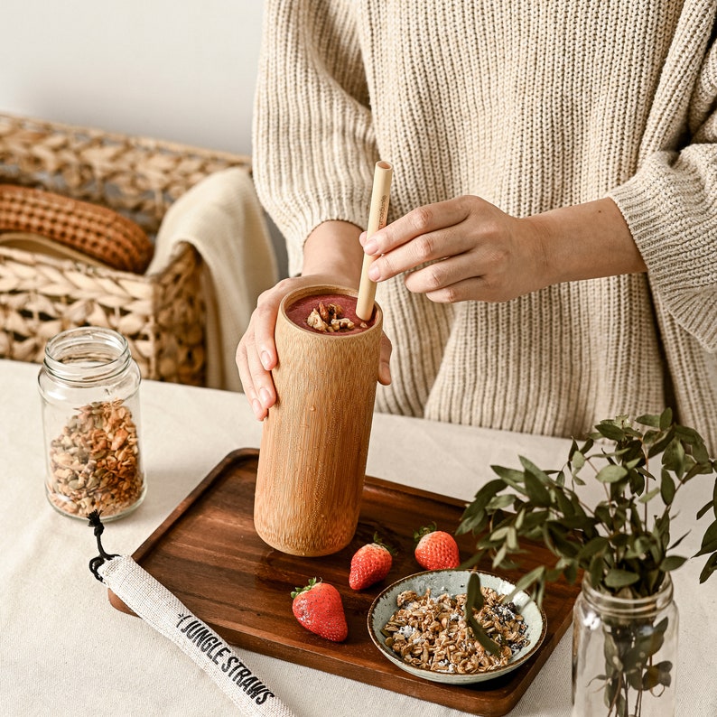 Natural Bamboo Drinking Cup Handmade Wooden Reusable Smoothie Cups Eco Friendly Gifts Sustainable & Zero Waste Coconut Bowls Bamboo Straws