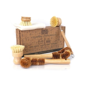 Juego de cepillos para platos de bambú natural • Cepillos estropajos para limpieza de cocina multiusos