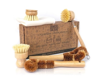 Natural Bamboo Dish Brush Set • Washing Up All Purpose Kitchen Cleaning Scourer Brushes