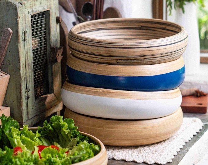 Bamboo Salad Serving Bowl • 30cm Large Natural Wooden Sustainable Fruit Bowls (Handmade)