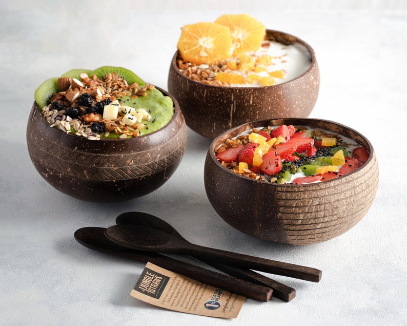 Natural Coconut Bowls & Spoons \u2022 Handmade Coco Shell Smoothie Buddha Bowl Set with Bamboo Straw \u2022 Zero Waste Eco Friendly Vegan Gift