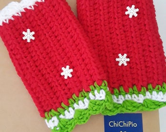 Christmas Fingerless gloves Snowflake Red &White Mittens Crochet winter Hand warmers Texting Gloves Santa Gift Women's  Holiday Accessories