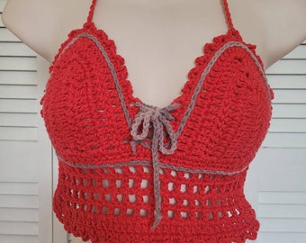 Crochet Crop Top/ Crochet Halter Top/ Sexy Barlette / Women Summer Wear/ Beach Wear/ Festival Top/ Red Top/ Bikini Top. READY TO SHIP