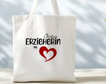 Geschenk Erzieherin mit Herz, Jutebeutel, personalisierter Stoffbeutel, KiTa Abschied Tragetasche, Abschiedsgeschenk Erzieherin