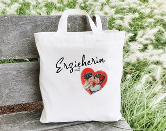 Abschiedsgeschenk Erzieherin, Einkaufsbeutel Dankeschön für Erzieherin mit Herz, personalisierbare Danke KiTa, Tragetasche mit Kinderherz