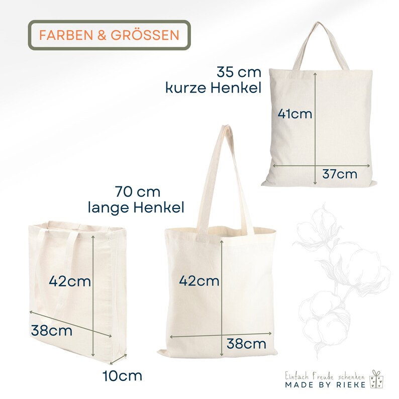 Information der zur Auswahl stehenden Taschen. Kurze Henkel mit 35 cm oder mit langen Henkeln mit 70cm.  Die Taschen haben die Maße 38cm breit und 42 cm hoch. Der Shopper hat zudem noch eine umlaufende Seiten- und Bodenfalte mit 10 cm.