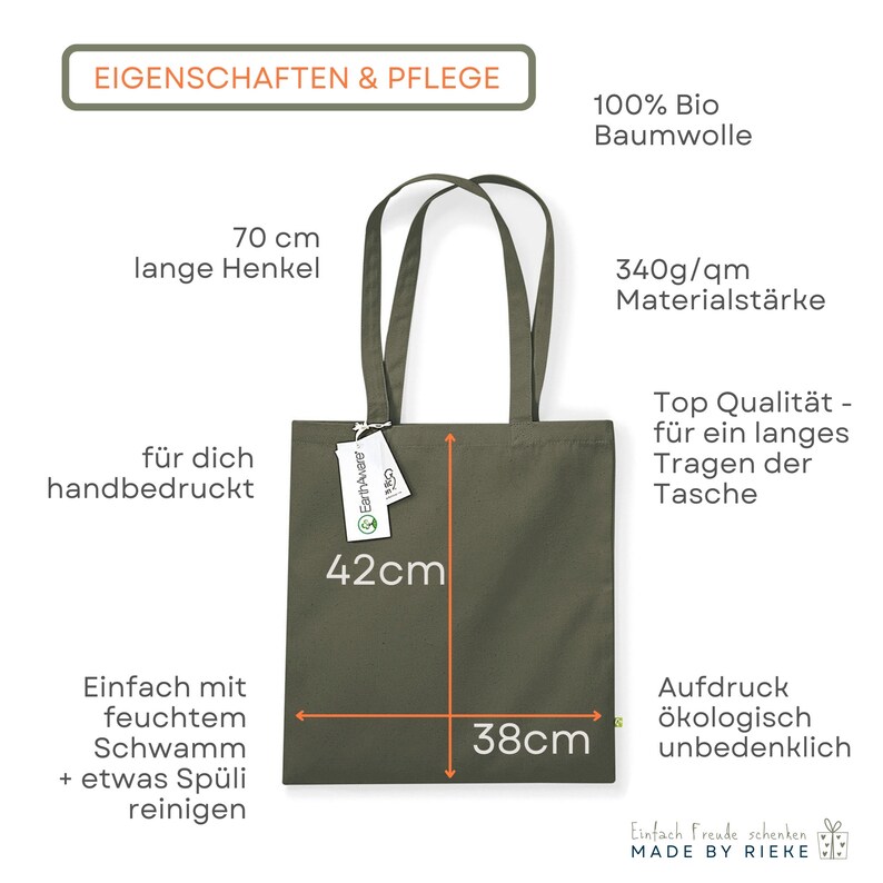 Übersicht der Eigenschaften und  Größen der Bio Baumwolltaschen. 
Lange Henkel mit 70cm, Maße 38cm breit, 42cm hoch. Handbedruckt und mit 340g/qm 
Materialstärke.