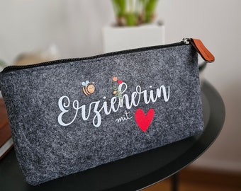 Kindergarten teacher farewell gift, accessory felt pencil case for kindergarten teacher with heart in grey and black, gift pencil case