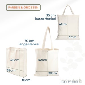 Auswahl der Taschen in Natur, kurze Henkel mit 35 cm, Maße 37 cm breit und 41 cm hoch. Die Tasche mit 2 Henkel  in 70cm Länge hat die Maße 38cm breit und 42 cm hoch. Zuletzt der Shopper, Henkel in 70cm Länge, mit 38cm mal 42 cm und 10cm Tiefe.