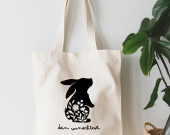 Rabbit bag with flowers, desired text gift idea for rabbit lovers, Easter gift bag as an Easter basket, bag personalized gift