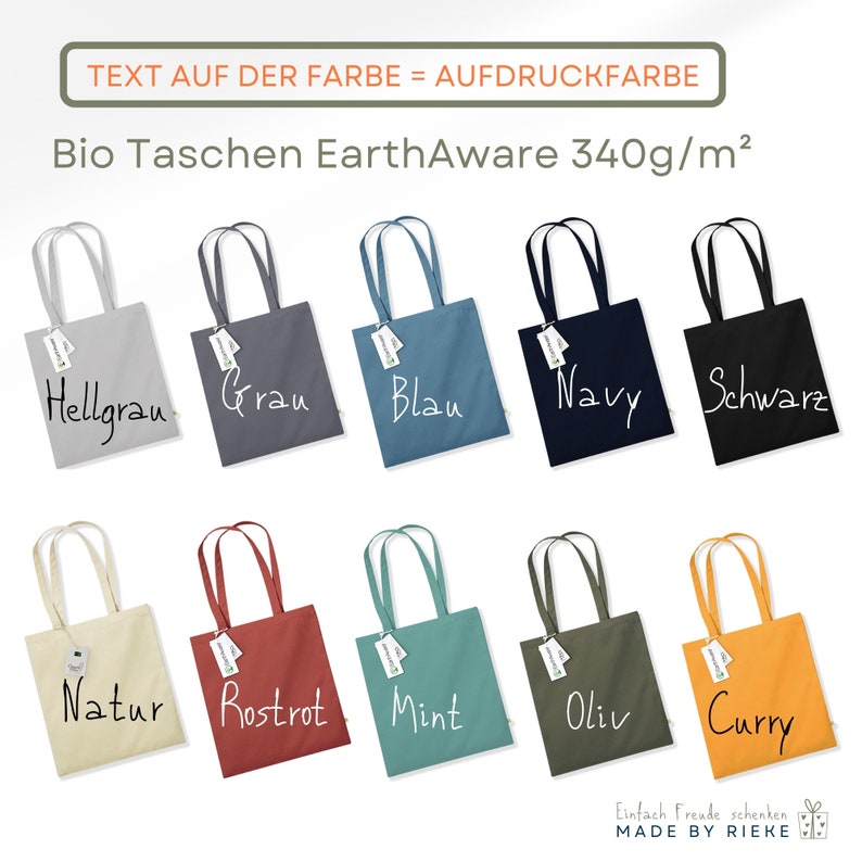 Übersicht der 10 Farben für die Bio Taschen: Natur, Hellgrau, Grau, Schwarz, Rostrot, Mint, Oliv, Blau und Navy-Blau, Curry. Hochwertige Taschen aus 340g/qm  Materialstärke.