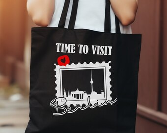 Skyline Berlin jute bag Time to Visit, gift for dad for vacation, Berlin with Brandenburg Gate, travel gift organic bag, Alex Berlin