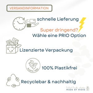 Informationsgrafik zu Versandoptionen: schnelle Lieferung, Prioritätsoption, lizenzierte Verpackung, 100% plastikfrei, recycelbar und nachhaltig.