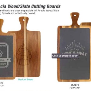 May include: Two acacia wood and slate cutting boards with engraved designs. The board on the left has a cupcake design and the text "Homegrown Cupcakes Made Fresh!" The board on the right has a sunburst design and the text "Wine & Meat". Both boards are 7 inches wide and have a handle.