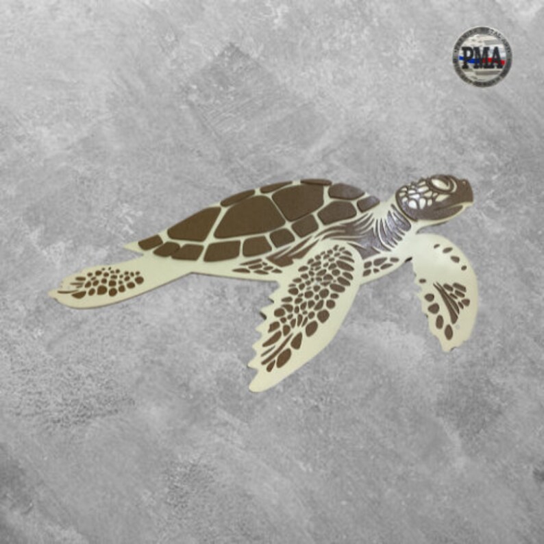 May include: A brown and white sea turtle cutout with a detailed shell design. The turtle is facing right and has a long neck and tail.