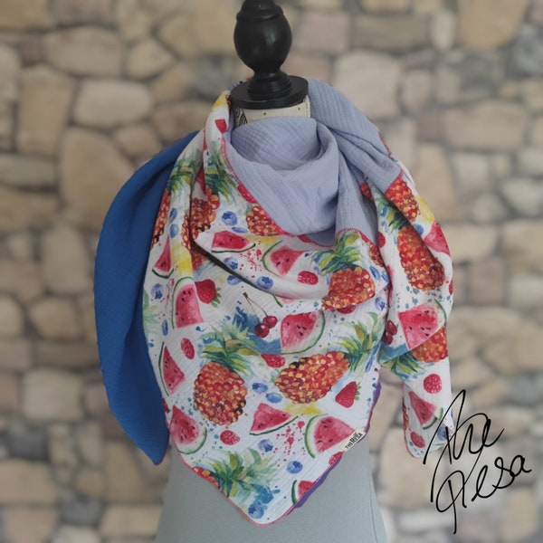 XXL scarf made of 100% cotton (muslin), three-color, triangular scarf for adults/children, wrap scarf, beach towel, fruits, pineapple, melon