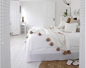 Moroccan Pompom Blanket,Moroccan Throw Blanket, Pom Poms, Boho Blanket, Bed Cover White with Beige Pom Poms, hand loomed in Morocco