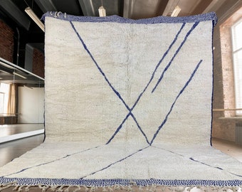 Moroccan beni ourain rug, Cream & Blue Berber rug ,Moroccan rug, handmade rug ,beni ourain rug,area rug , large moroccan rug