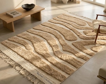 Moroccan Wool Rug, Organic Modern Area Carpet, Hand-Knotted Beni Mrirt, Caramel and Cream Living Room Decor, Quiet Luxury