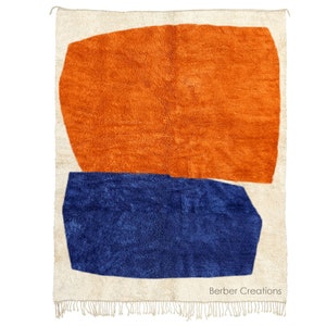 Abstract Moroccan Rug, Orange and Blue Beni Rug, Berber Authentic Rug, Beni Mrirt Area Rug, Handmade Wool Rug, Beni Ourain Rug
