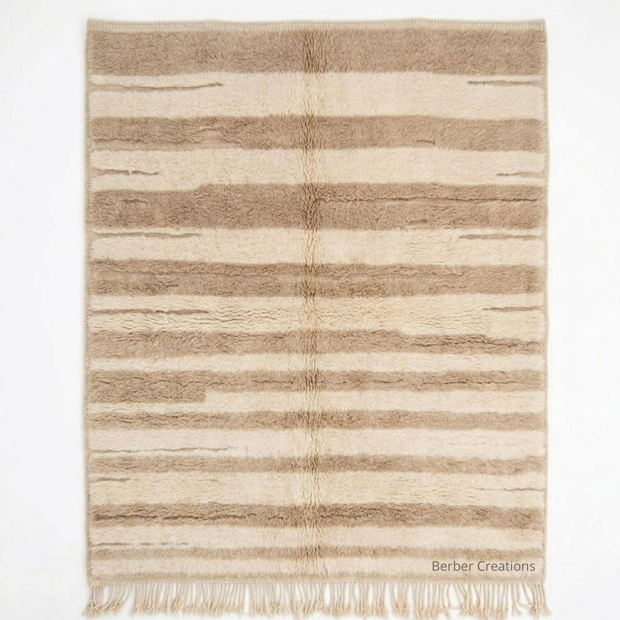 Handmade Moroccan Striped Rug | Taupe & Cream Wool Modern Minimalist Decor Neutral Living Room Beni Mrirt Carpet