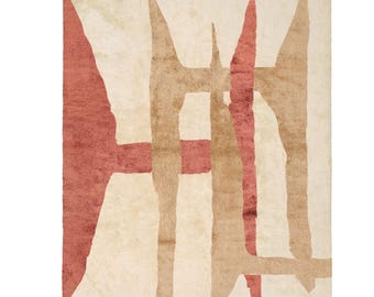 Könnte beinhalten: Ein rechteckiger Teppich mit abstraktem Design. Der Teppich hat einen cremefarbenen Hintergrund mit großen, unregelmäßigen Formen in Rot- und Beigetönen. Die Kanten haben eine Fransen. Die Worte "Berber Creations" sind unten rechts sichtbar.