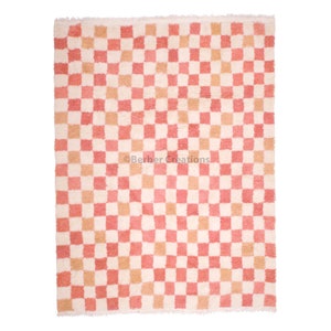 Pink Checkered Wool Rug, Beni Ourain Area rug, Handmade wool rug, Berber Pink Rug