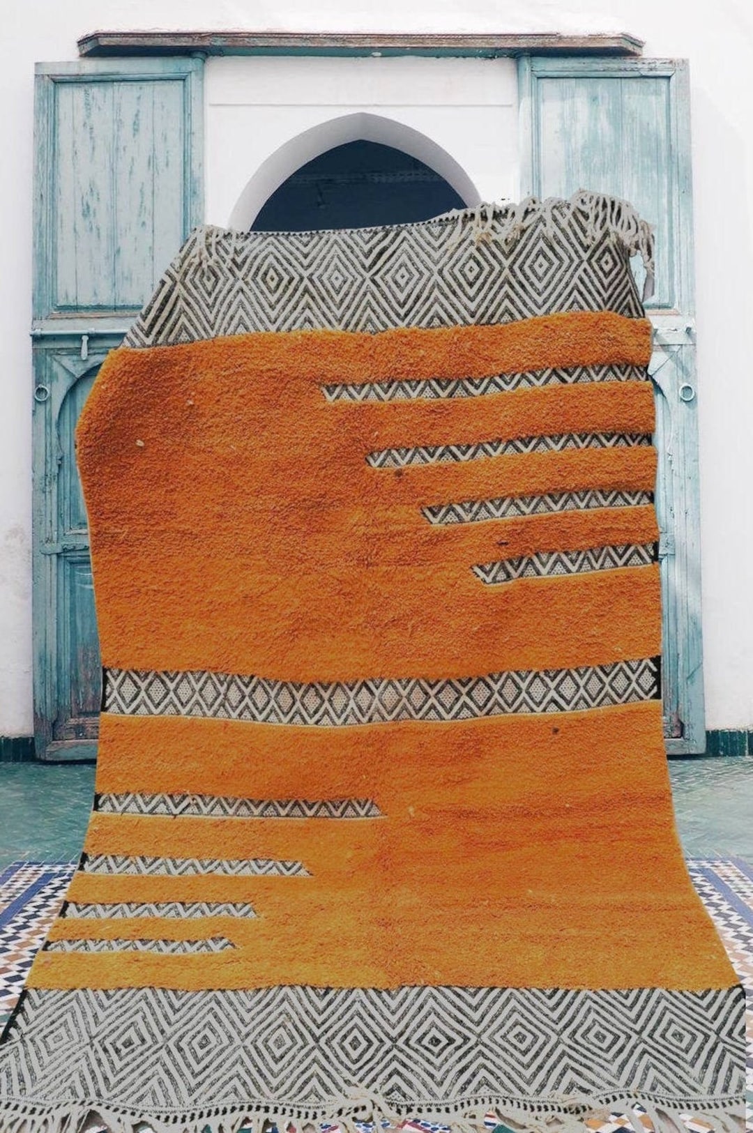 Orange Moroccan Rug 6x9 Ft, Handwoven Wool Carpet , Kilim Rug, Moroccan