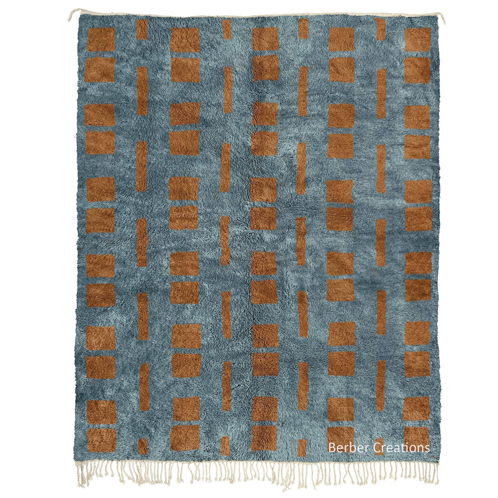 手織りのベニ・ムリルト・ベルベルラグ：ブルー＆ブラウン、天然ウール