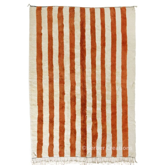 Handmade Beni Mrirt Wool Rug, Rust Orange Stripes, 8x10 Area Rug