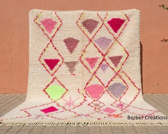 Neon Pink & Pastel Moroccan Rug - Colorful Azilal Berber Rug, Abstract Geometric Wool Carpet, Dopamine Decor, Vibrant Boho Rug
