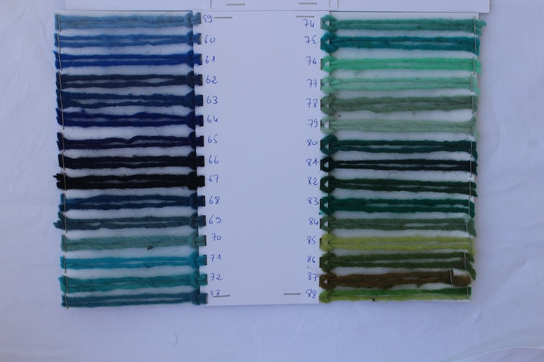 Pu&ograve; includere: Una cartella colori con campioni di filato in tonalit&agrave; di blu, verde e marrone. I campioni di filato sono numerati da 59 a 88.