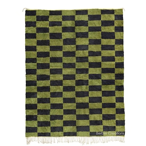 Moroccan Rug, Checkered Green Rug, Handmade Beni Rug Green, Shag Berber Beni Rug Black and Green