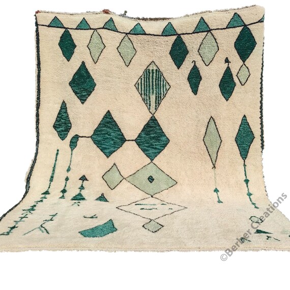 Handmade Green Moroccan Rug, Berber Wool Mrirt Rug, Tribal Design