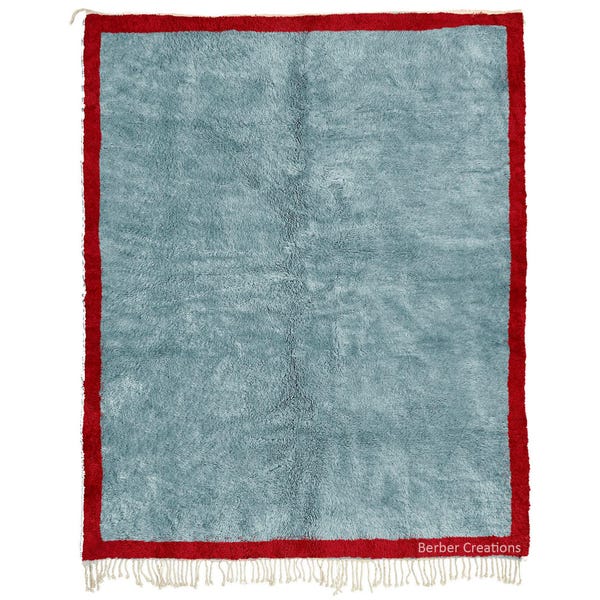 Moroccan Rug Light Blue with Red Border, Handwoven Area Rug, Beni Ourain Rug, Beni Mrirt Rug, Plush Rug