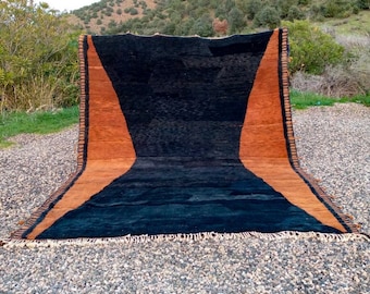 Orange and Black Moroccan Wool Rug 9x13 ft, Handmade Berber Rug