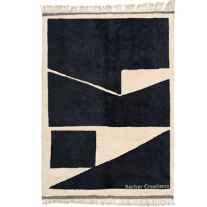 Moroccan Wool Abstract Rug, Handmade Beni Ourain Rug, Black and White Area Rug