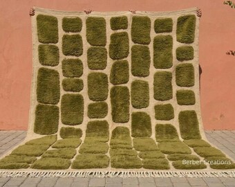 Textured Olive Green Rug, Handmade Wool Carpet with Cream Base, Modern Japandi Decor