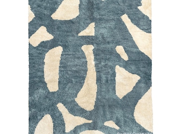 Handmade Beni Ourain Rug: Authentic Berber Wool, Blue and White