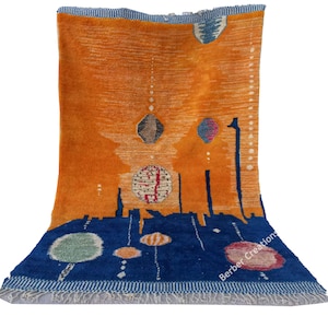 Abstract Moroccan Wool Rug, Orange and Blue Berber Rug, Handwoven Beni rug, Premium Quality rug