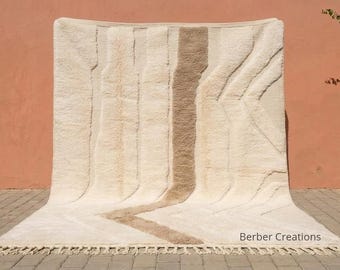 Handmade 3D Textured Moroccan Rug - Custom Cream & Sandstone Wool Rug - Modern Minimalist Area Rug - Sculptural Carved Beni Ourain