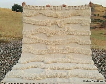 3D Textured Moroccan Berber Rug | Sculpted High Low Pile Wool Carpet, Cream White Wave Design