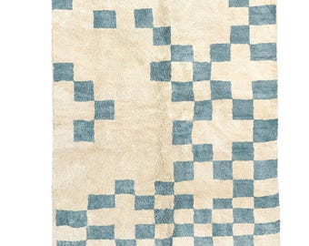 Handmade Beni Ourain Rug: Light Blue & White Berber Wool Rug