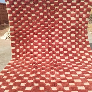 Checkered Moroccan rug brick red and cream, Berber carpet , Genuine Wool rug , red area rug, Handmade rug