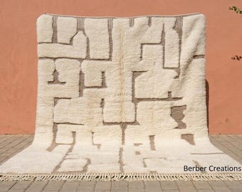 Textured Beni Ourain Rug with 3D Geometric Pattern, Handmade Wool Area Rug for Warm Minimalist Decor