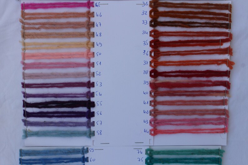 Pu&ograve; includere: Una cartella colori con campioni di filato in varie tonalit&agrave; di rosa, marrone, viola, blu e verde. I campioni di filato sono numerati da 31 a 75.
